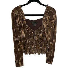 HOUSE OF HARLOW Brown Tan Ikat Print Long Sleeve Peasant Blouse Top Size Large